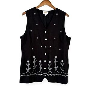 Talbots Black Vest with White Floral Embroidery